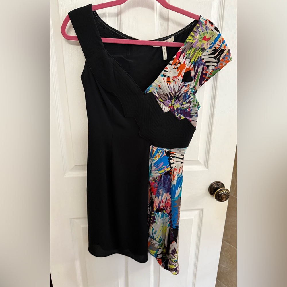 BCBGMaxAzria One Shoulder Black and Multicolor Dress